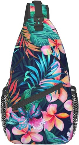 KWQDOZF Sling-Rucksack Umhängetasche Brusttasche tropische Blumenblätter bedruckt Sling-Tasche für Reisen Sport