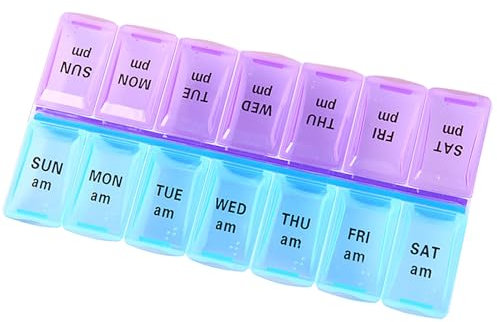 FENGZIZH Pill Boxes 7 Day 2 Times a Day Travel Pill Box Organizer,Moistureproof, BPA Free Case,Tablet Organiser to Hold Vitamins and Medication (Blue+Purple, 1PCS)