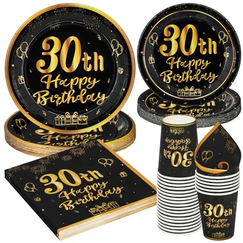 PARTY GO 96 Stück Schwarz und Gold Party Geschirr Set für 30. Geburtstag - Pappteller für 24 Gäste, Tischdekoration