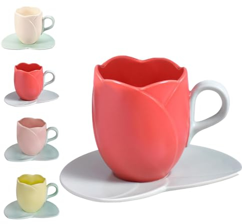 Zureto Tazza da caffè in ceramica a tulipani con piattino, tazza da caffè in ceramica creativa con sottobicchiere, latte per colazione, set di tazze da caffè a tulipani (Red A)