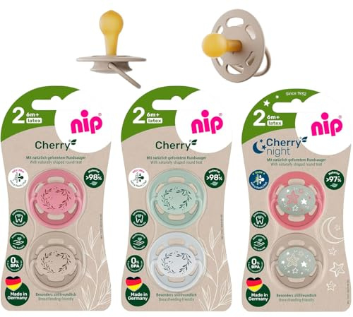 NIP Cherry & Cherry Night Schnuller Set 6 Stück (4 x Day Schnuller + 2 x Night Girl mix) // Gr.2 // Naturlatex, 6 Farben