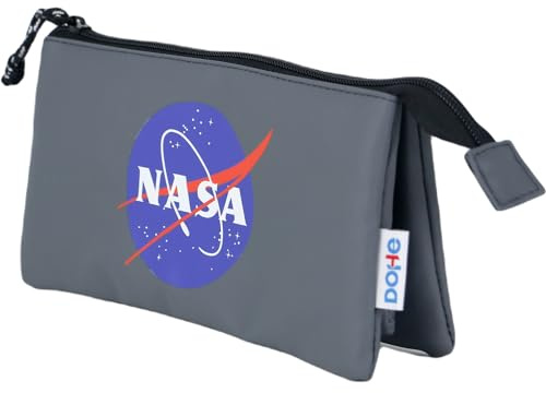 DOHE - Schulmäppchen 3 Fächer - Reißverschluss, offiziell lizenziert, strapazierfähiges Polyester, 23x12x2,5 cm, Schulmaterial - NASA Grey - Grau