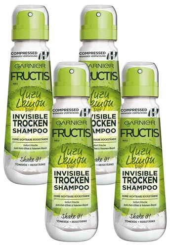 Garnier Trockenshampoo, Invisible, gegen platte, fettige Haare mit Volumen-Boost, frischer Zitrusduft, Yuzu Lemon, Fructis, 100 ml (Packung mit 4)