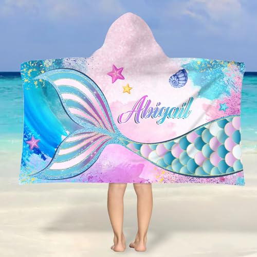 Shujin Personalisiertes Kinder Strandtuch Mikrofaser Badetuch Badeponcho mit Namen Kapuzenhandtuch Strandtücher Weich Süß Handtuch für Jungen und Mädchen 3-10 Jahre,Meerjungfrau1,76 * 127cm