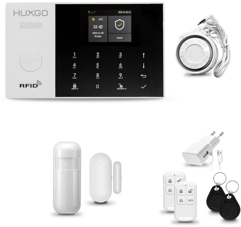 HUXGO® HXA005 Alarmanlage Haus WiFi + GSM mit Sirene | Alarm System mit Bewegungssensor, Fensteralarm/Türalarm | Wohnmobil Alarmanlage Fernbedienung | Smart Home Security TUYA