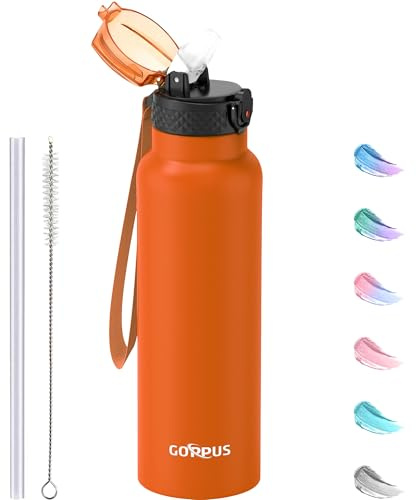 GOPPUS 750ml/26oz Stainless Water Bottle with Straw Double Wall Insulated Bottles with Strap Reusable Vacuum Thermal Flask Leakproof Keep Cold Drinks Bottles with Flip Top Lid for Men Women BPA Free