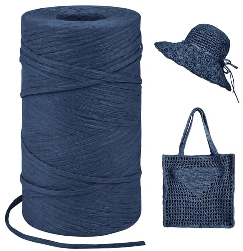 LEREATI Hilo de rafia ganchillo natural, 3 mm x 300 m, cinta para regalo, alambre de papel para bolsas y cestas, sombreros (azul oscuro), hilo de papel para ganchillo