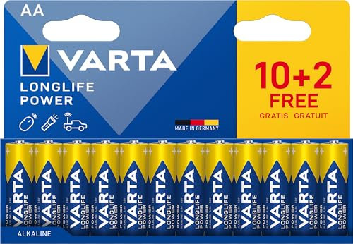 VARTA Pile AA, 10+2 (12 pezzi), Longlife Power, Alcaline, 1,5V, ideale per giocattoli, mouse wireless, torce elettriche, imballaggio riciclato al 90%, Made in Germany