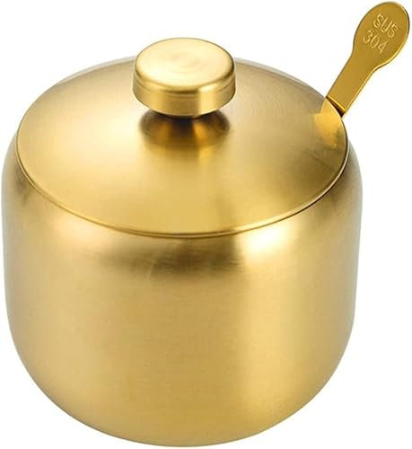 Sucrier en acier inoxydable avec couvercle et cuillère - Pot à épices doré - Organiseur de cuisine élégant pour sucre et épices
