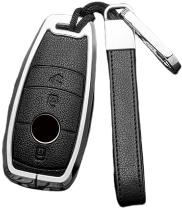 Happyit Zink-Legierung Leder Autoschlüssel-Hüllen für Mercedes Benz A C E S GLC GLE GLS CLA Class W205 W213 W177 X167 W222 G63 3 Tasten (Schwarz+Silber)
