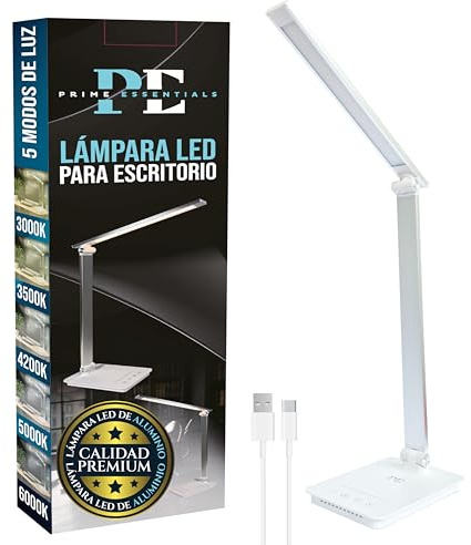 PRIME ESSENTIALS® Lámpara Escritorio LED | Flexo de Escritorio I 50 Combinaciones Luz I Modo Nocturno | Temporizador 30/60 min I Función memoria | Puerto USB I Cuidado ocular I Candeeiro Mesa I Plata.