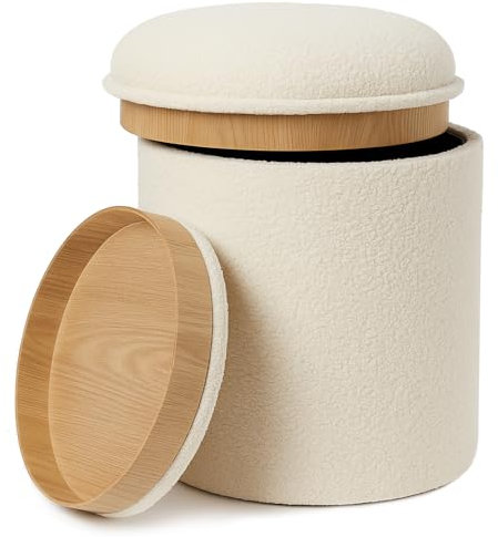 RIOGOM®️ Reposapies Salon - Puff Almacenaje con Mesa de Madera reversible Tela Suave, Baul Almacenaje, Reposapies Sofa, Taburete almacenaje, Banco almacenaje, Banco almacenaje asiento, Ø34x38 (Blanco)