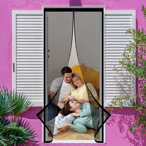 Fly Screens Doors Nets Patio 148 x 200 cm Heavy Duty Pet Screen Door Without Drilling Powerful Magnets and Full Frame Magic Tape for Dogs Cats Mosquitos, Black