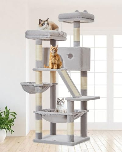 Taoqimiao 146cm Kratzbaum, Stabiler Katzenbaum für Große Katzen, MS026W | 8 Kratzsäulen, Mehrstöckig, Einfache Montage, Katzenkratztafel, Große Katzenhäuser, Hängehängematte, Korb, Innen, Hellgrau