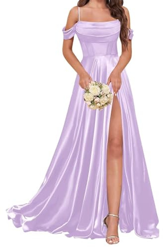 HPPEE Vestido largo de satén para mujer, con abertura y hombros descubiertos, vestido de dama de honor, vestido de fiesta formal, Lila, 40