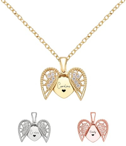 KWCLTH Collar con medallón en forma de corazón personalizado para mujer, collar con alas de ángel, colgante con nombre personalizado, joyas conmemorativas, regalos para mujer