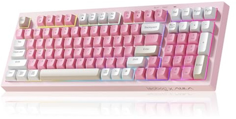 LEOBOG x Aula Gaming Keyboard, Wireless Creamy Keyboard, Bluetooth Computer Keyboards Ergonomic Pink Keyboard Full Size with Number Pad Light Up RGB Backlit Tri-Mode BT/2.4GHz/USB-C - K99