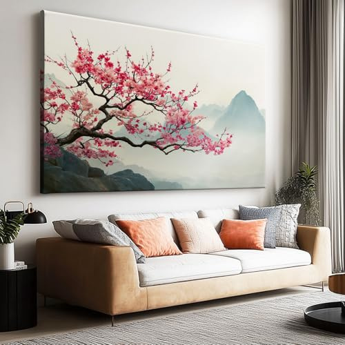 Canvasmålning 120 x 90 cm utan ram affisch kinesiska landskap berg plommonträd konstverk väggkonst bild för hem vardagsrum sovrum kök canvasmålning horisontell målning dekor