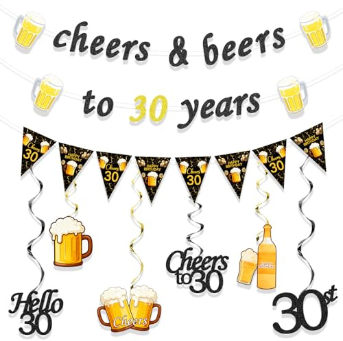 9-teiliges Deko-Set zum 30. Geburtstag für Männer in Schwarz und Gold, inklusive Glitzer-Partyartikeln mit Dreiecksfähnchen und thematischen Ausschnitten.