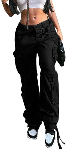 CLOAKA Pantaloni cargo da donna Y2k a gamba larga, per il tempo libero, in cotone, a vita alta, con tasche, Streetwear Cargo, Nero , M