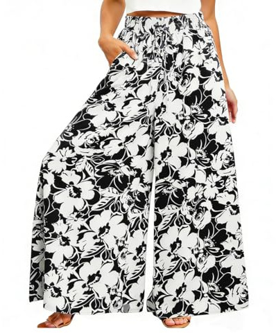 ROFUSSO Pantalones Palazzo para Mujer Pantalones Casuales de Cintura Alta Pierna Ancha y Bolsillo(B-Negro,M)