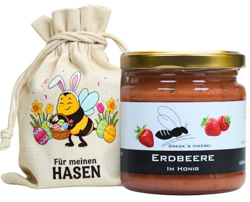 Grega's Imkerei - Honig Geschenkset im Leinensäckchen Für meinen Hasen | 250g Honigspezialität nach Wahl | Ideales Ostergeschenk & Osternest-Füllung | Vom Imker (Erdbeere im Honig 250g)