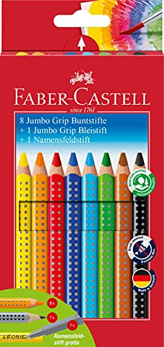 Faber-Castell 280921 - Jumbo Buntstifte Set Grip 8-teilig mit Bleistift und Namensfeldstift