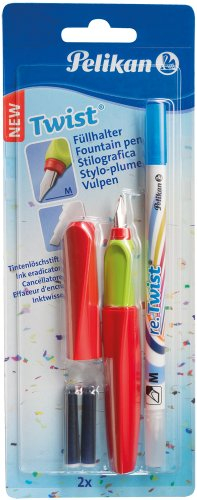 Pelikan 923516 Füllhalter Twist P457 M mit 2 Tintenpatronen und Tintenlöscher rot/grün