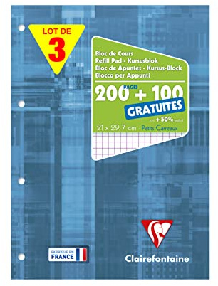 Clairefontaine 65816AMZC 3 Kursusblöcke 150 Blatt kariert 90g gelocht Weiß