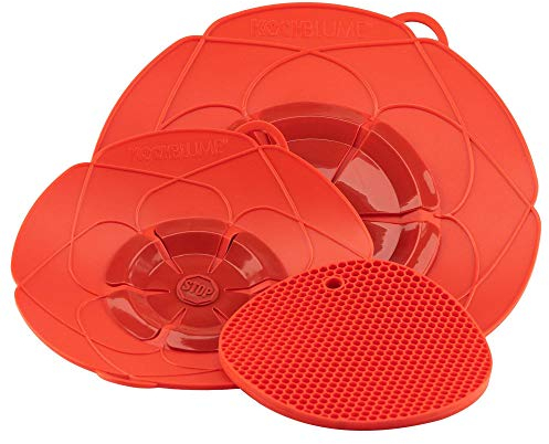 Kochblume Profi-Set für Töpfe von 14 bis 28 cm mit Bionic Multipad als Set in der bunten Box | Silikon Überkochschutz und Untersetzer/Topflappen (rot)
