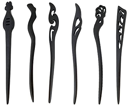 6 Stück Schwarz Holz Haarspangen, Sandelholz Haarnadeln, Essstäbchen Sandelholz Haarnadel Haar, Schwarze Ebenholz Geschnitzte Haarschmuck, Mit Nicht Fäulnisanfällig, Für Damen Und Mädchen (Schwarz)
