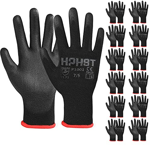 HPHST PU Besichtet Arbeitshandschuhe, 12 Paar Arbeit Handschuhe für Herren und Damen Rutschfeste Montagehandschuhe Gartenhandschuhe mit PU-Beschichtung für Bauarbeiter Mechaniker, Schwarz (XX-Large)