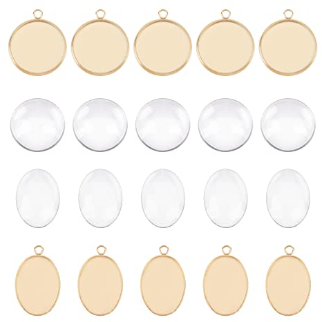 UNICRAFTALE 20 Sets Flache Runde Cabochon Anhänger Rohlinge Mit Glascabochons 16-18mm Edelstahl Ovale Cabochon Anhänger Tabletts Sets Für DIY Schmuckherstellung, Golden