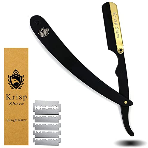 Professional Straight Razors For Men, Barber Razors, Straight Edge Razor Kit For Close Shaving - Beard Cut Throat Straight Razor Safety Shavette - 10 Shaving Blades By Krisp Beauty (Black/Gold)
