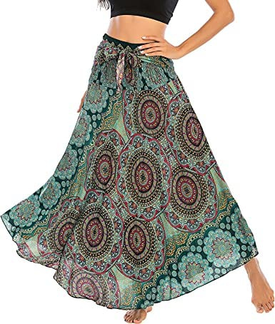 Adigaber Pieghettato Retro Maxi Gonna Lunga 2 in 1 Abito Bohemien Sciolto Gonna fluente Festa in Spiaggia Vestito Indossare Swing Danza del Ventre Casual