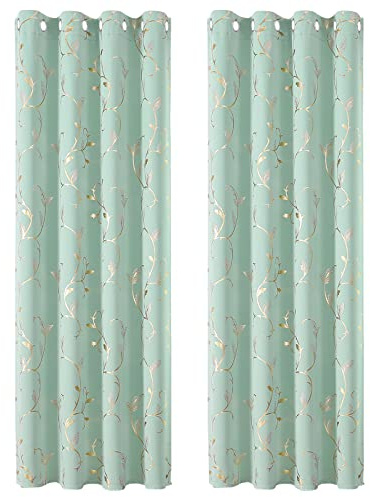 BUHUA Aqua Verdunklungsvorhänge Goldfolie Wärmeisolierende Vorhänge mit Ösen Gardienen 2-Set H 183 x B 132 cm Gardinen Wohnzimmer & Schlafzimmer Thermovorhang Kälteschutz