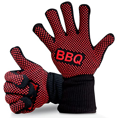 NutriChef BBQ Handschuhe - 1472°F Hitzebeständig,Feuerfeste Handschuhe mit Rutschfester Silikonbeschichtung, Ideal für Grillen, Kochen, Backen & Camping, 14 Zoll, Lebensmittel-Qualität,Waschbar