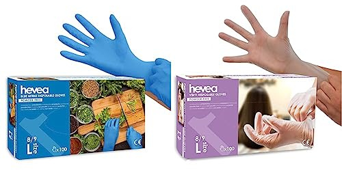 Hevea - Gants jetables en nitrile et vinyle. Sans talc et sans latex. Boîte de 200 gants. Taille : L (Grande). Couleur : bleu