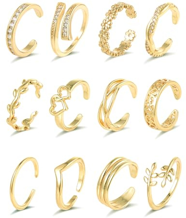 Akeoqi 12PCS 18K Gold Plated Toe Rings CZ Daisy Flower Leaf Heart Knot Band Open Tail Ring Summer Beach Foot Jewelry Set For Women Men Gold Tone
