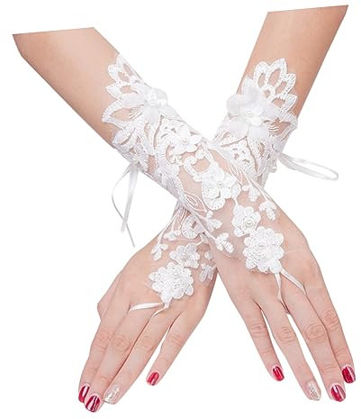 PACKOVE Spitzen Brauthandschuhe Mit Blumenmuster Und Riemendesign Bestickt Für Hochzeit Verlobungsparty Kostümpartys Formelle Anlässe Weiß