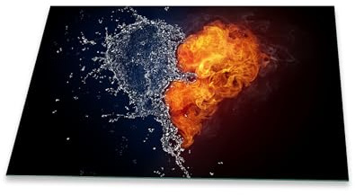 Funkenschutzplatte Glas Kaminofen Feuer Wasser Herz 80 cm Kamin Platte Bodenplatte Glasplatte für Grill Unterlegplatte Glas für Feuerstelle