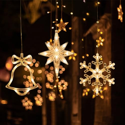 3er Set Weihnachtsbeleuchtung LED Leuchtende Fensterdeko Stern Schneeflocke Glocke Weihnachtsdeko Fenster Beleuchtet Lichterkette Weihnachten mit Saugnapf Weihnachts Lichter Batterie Hängelichter