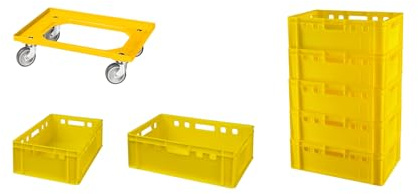 Logiplast 7 Stück E2-Kasten gelb + 1 Transportroller mit vier Lenkrollen gelb