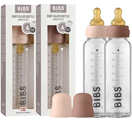 BIBS Baby glasflaska 225 ml, 2-pack, minskar kolik, rund napp av naturgummiklatex, stöder amning, komplett set – 225 ml (förpackning med 2), blush/Woodchuck