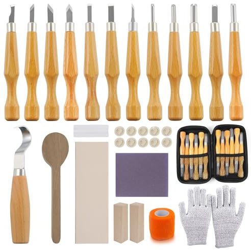 Holz Schnitzwerkzeug Set, Schnitzset mit 33 Teilen, Schnitzmesser, Holzschnitzset für Anfänger, Erwachsene und Kinder, Holzschnitzmesser mit Linde Holzblö cke für DIY Herstellung Löffel, Tasse