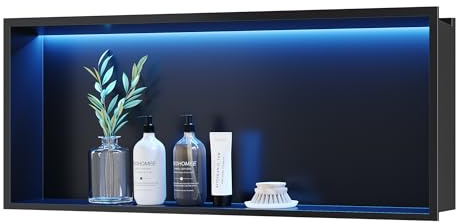 Neohomee Wandnische Dusche Edelstahl mit RGB LED-Licht, Eingebettete Duschnische Schwarz Einzelregal Lagerung mit Fernsteuerung für Badezimmer, 75 x 30 cm