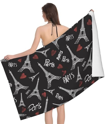 Novastar Toalla de playa de secado rápido, toallas de microfibra con diseño de torres Eiffel de corazón, toallas de baño suaves para baño, toallas de playa personalizadas, a prueba de arena, toallas