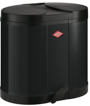 WESCO Ökosammler 170 in der Farbe schwarz, pulverbeschichtetes Stahlblech, zwei getrennte 15 Liter Einsätze aus Kunststoff, Kunststoff-Fußtritt