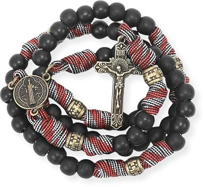 Nazareth Store St. Benedikt Rosenkranz 8 mm schwarze matte Perlen Antikbronze starke robuste Kordel-Rosenkranzkette mit Jesuskreuz (Rote Paracord-Bronze St.Benedikt)