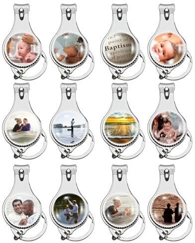 12 llaveros personalizados de bautizo, imágenes a color personalizables, recuerdos de fiesta con cortaúñas y abrebotellas para niños y niñas, regalo de bautizo para invitados, Blanco, 12 Count (Pack